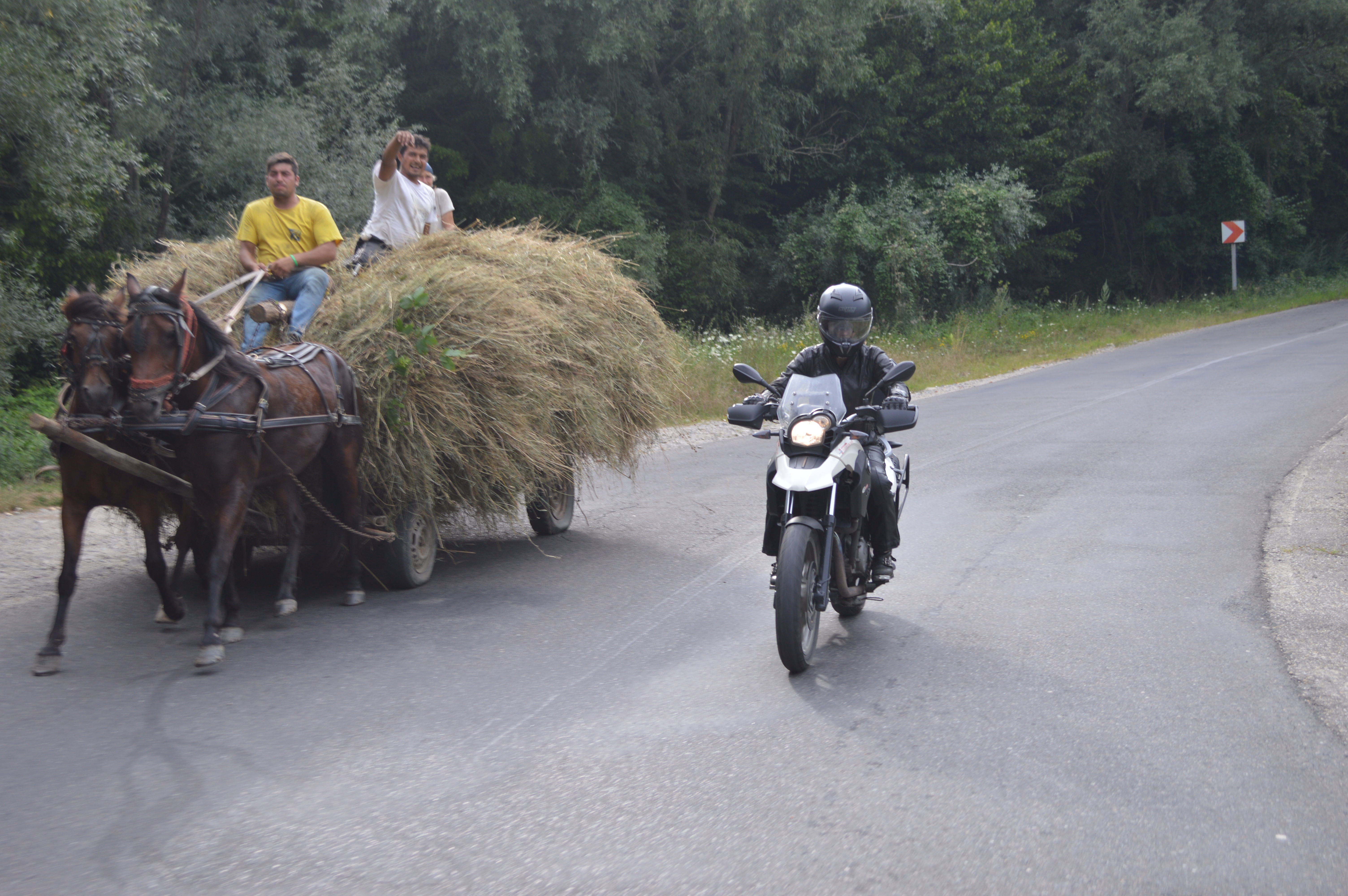 motorbike overtaking horse drawn cart
